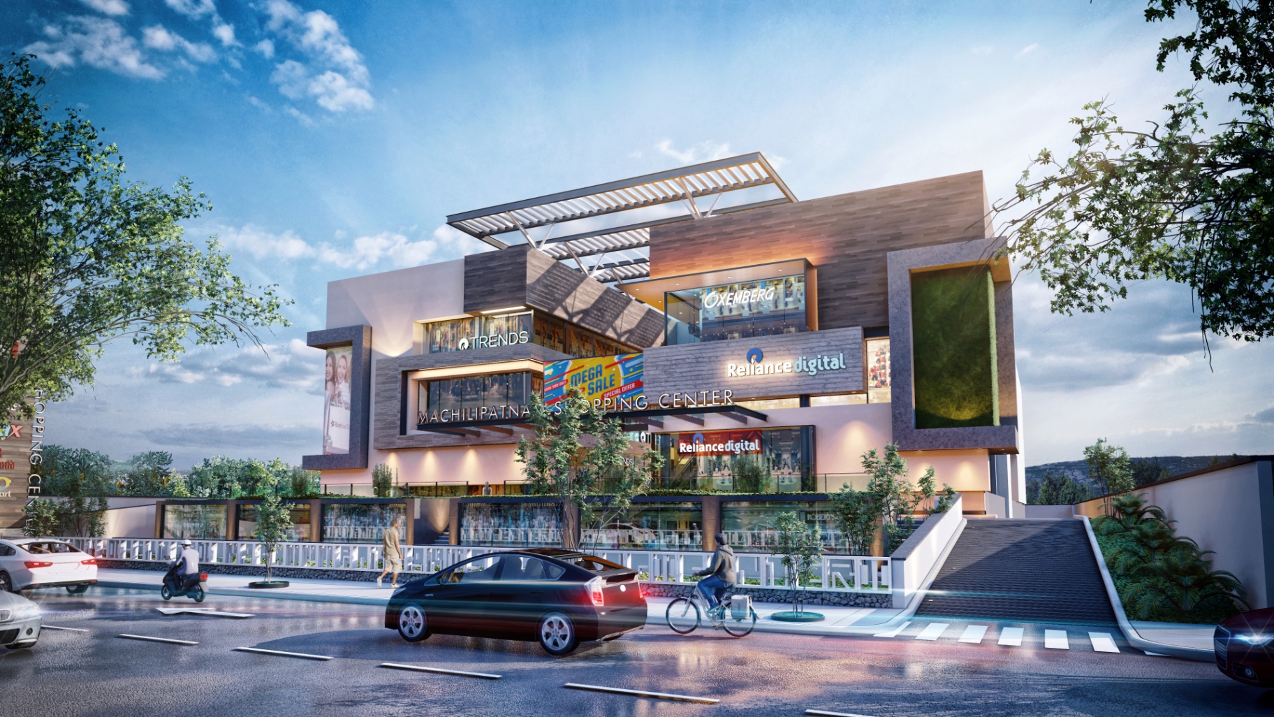 Varam Central street-level exterior with Reliance Digital and Trends storefronts