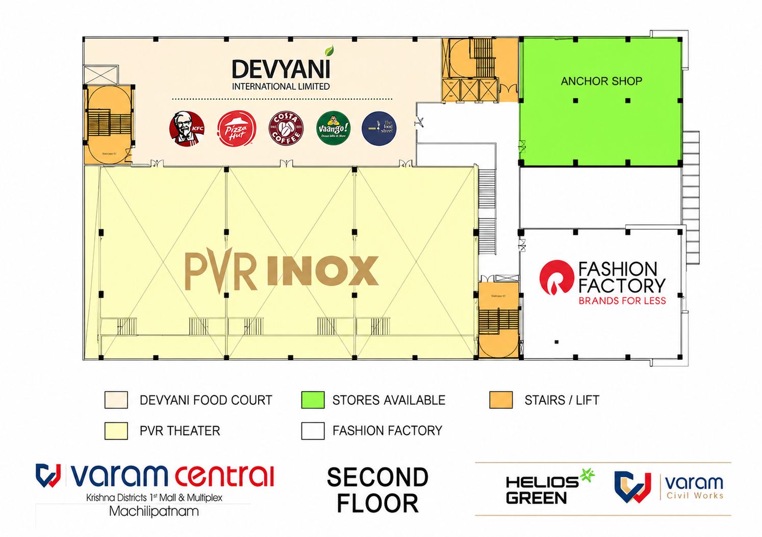 Second floor plan showing Devyani Food Court (KFC, Pizza Hut, Costa Coffee, Vaango, The Food Street), PVR INOX and Fashion Factory
