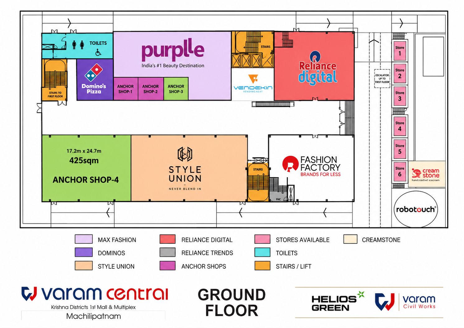 Ground floor plan showing Purplle, Domino's, Style Union, Fashion Factory, Reliance Digital, Vendekin, Robotouch and Cream Stone