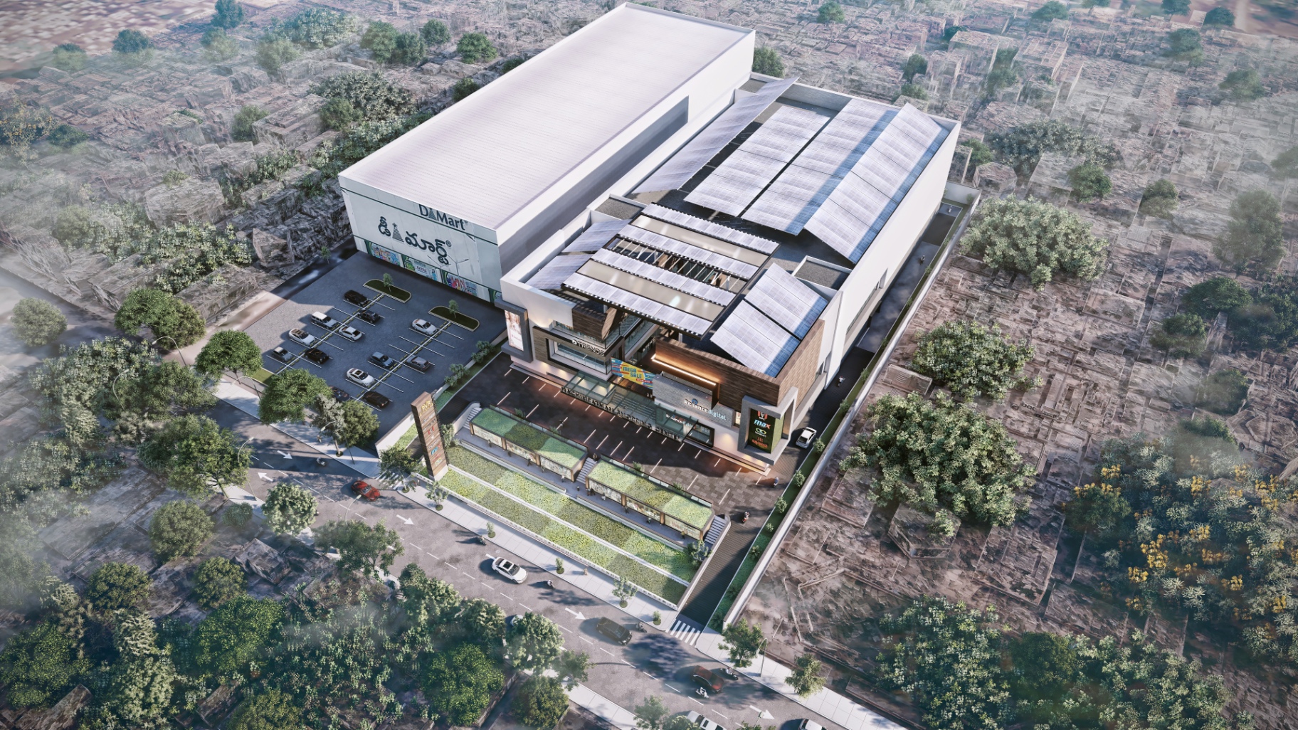 Aerial view of Varam Central showing rooftop solar array